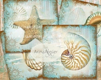 SALE 30% OFF - COASTERS Shabby Sea Shells - Digital Collage Coasters - Digital Maritime Tags - Nautical Images - Scrapbooking Backgrounds -