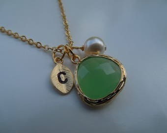 20% Off - August Birthstone Necklace, Peridot necklace, Gold or Silver Necklace, Initial Leaf, Jewel,Pearl, Bridesmaid Gift, Birthday Gift