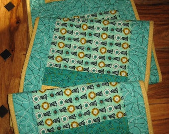 Quilted Table Runner, Modern Aqua Gold Green Contemporary, 100% Cotton Fabrics, Reversible, 13.5 x 56"