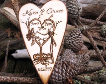 Nightmare Before Christmas Wedding cake Topper, Halloween Wedding, Rustic wedding, jack and sally, Pyrography, PERSONALIZABLE Cake Topper