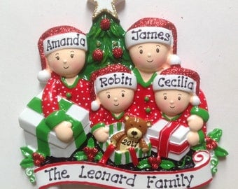 Personalized Christmas Pajama Family of Four Ornament , Grandparents-Family of Four, New Parents, Grandkids, Co-workers, Friends