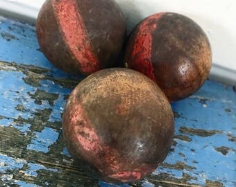 Primitive Wood Balls Antique Wooden Balls Red Stripe Balls Vintage Wood Balls Duck Pin Bowling Ball Set of Three