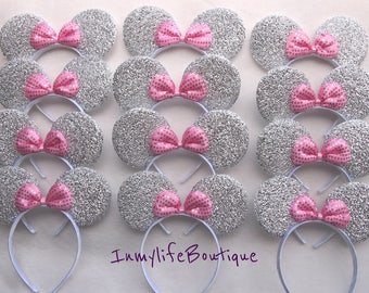 SUPER SALE**** 12 Silver Minnie Mouse Ears lot Pink Bows, Sequin Headbands , 1st Birthday, Mickey Headband, Hair bows, hair accessories
