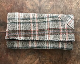 Brown Plaid Wool Trifold Clutch Wallet
