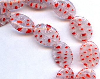Red and White Millifiori Oval Beads Quantity 10