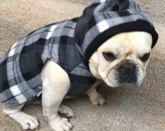 French Bulldog Gray Plaid Fleece Hoodie