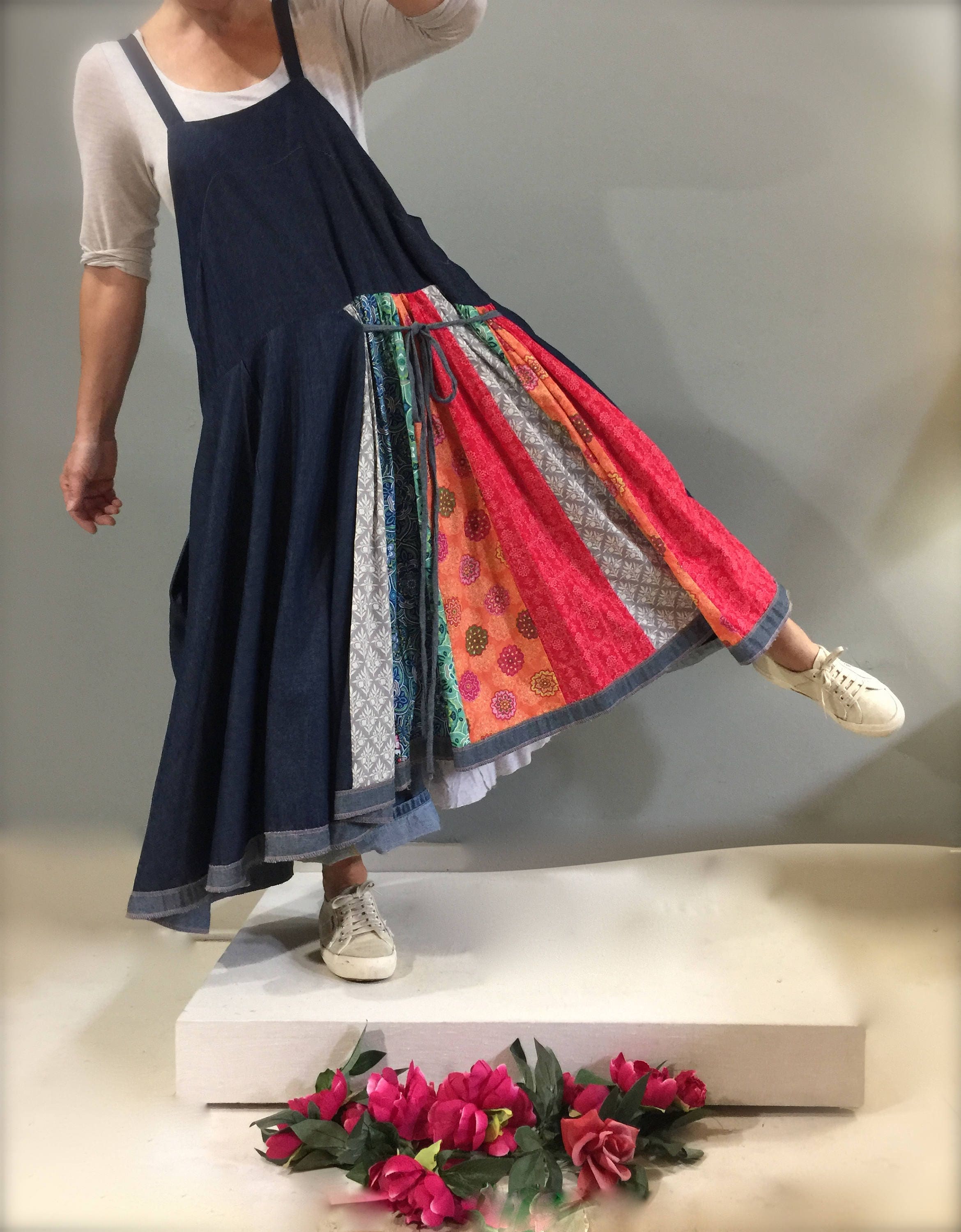 MXL Long Patchwork Denim JumperBoho Denim Bib DressBohemian