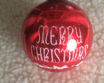 Vintage Red Glass Christmas Ornament 1950's Stenciled Tree Ornament Made in USA Merry Christmas Seasons Greetings