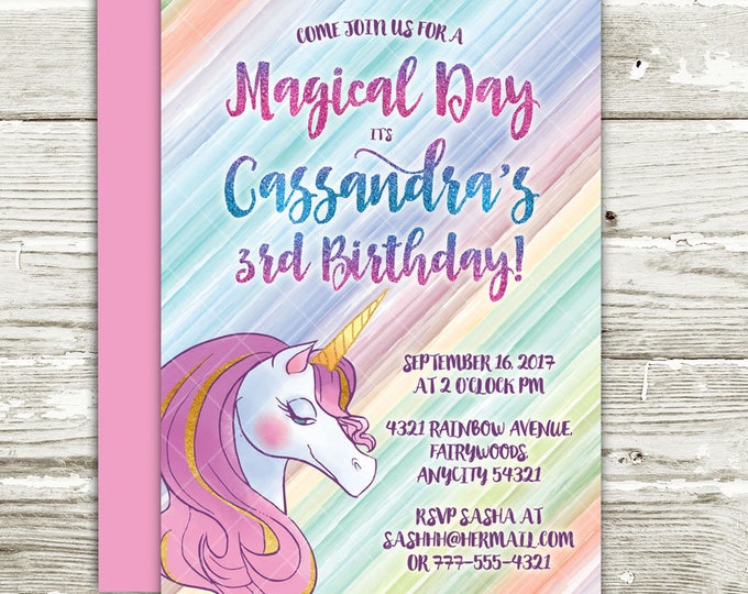 Unicorn Birthday Party Invitation, Magical Whimsical Gold Glitter Rainbow Unicorn Printable Birthday Party Invitation