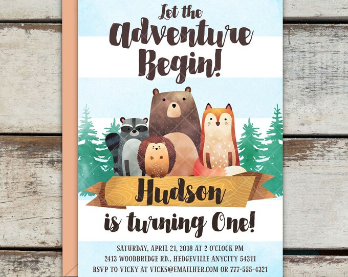 Woodland Animals Birthday Party Invitation, Cute bear, Fox, Porcupine, Raccoon Forest invitation, Woodland Birthday Invitation