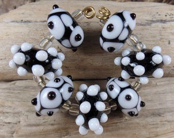 MADE TO ORDER Lampwork Beads: Set of 7 Black & White, homemade glassbeads