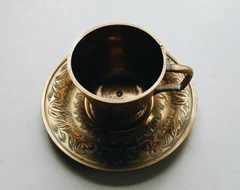 Tiny Vintage Etched Brass Indian Tea Cup and Saucer - Arabic Tea Cup - Bohemian Decor
