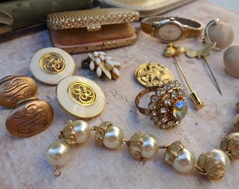 Whites and Gold Found Items / Vintage Scrap Destash for Assemblage / Metal, Brass, Iron Supplies / Sculpture Supply (C6)