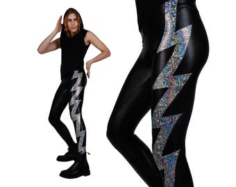 Men's Holographic Lightning Bolt Leggings, Black Leather Spandex Pants, Meggings, Rock Star Stage Wear, Heavy Metal Clothing, by LENA QUIST