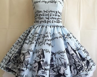 Alice In Wonderland Dress, Literature dress, Book Dress, Writing Dress, Alice Dress, Uk, BLUE OR CREAM avialble, Rooby Lane