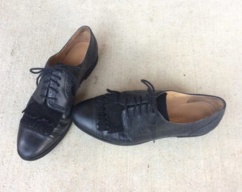 vtg 80s wingtip BLACK LEATHER faux reptile OXFORDS lace up 8.5 preppy flats boho shoes retro brogues hipster indie suede