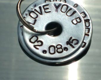 PERSONALISED hand-stamped 2 DISC steel keyring - wedding favours - coordinates - mummy/daddy gift - coordinates - anniversary - unique,