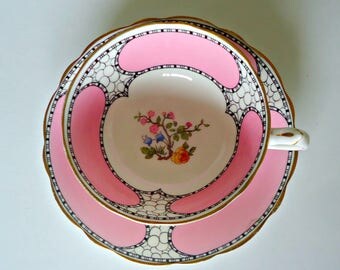 Paragon Star Tea Cup and Saucer Pink Black Floral Teacup Vintage