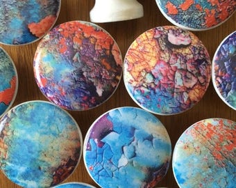 SUMMER SALE 6 wood drawer knobs grunge rusted paint designs wooden drawer knobs; rusted metal image design hand decorated 1 1/2 inches