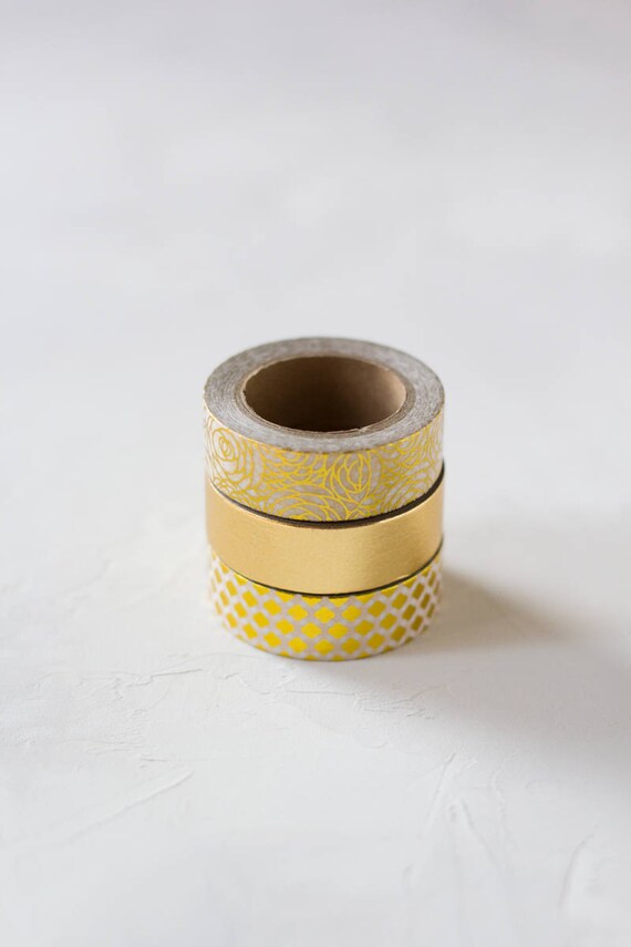 Gold Foil Metallic Washi Tape Set 3 pc Floral / Solid