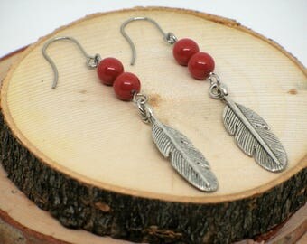boucles d'oreilles plumes//corail//boucles d'oreille amérindiennes//native earrings//feathers earring//coral earring