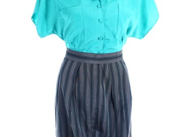Vintage 80s Dif Grey Vertical Striped Knee Length Pencil Skirt UK 6 US 4