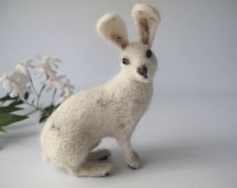 Needle Felt White Rabbit Hare, Soft Sculpture Ornament