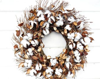 Farmhouse Wreath-Cotton Wreath-Fixer Upper Decor-Rustic Farmhouse Decor-Front Door Wreath-Rustic Wreaths-Summer Wreath-Fall Wreath-Gifts