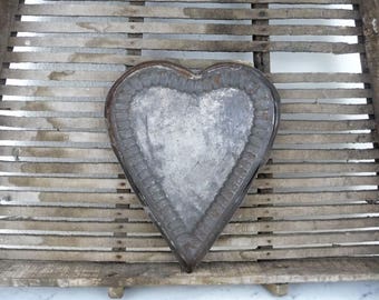 Vintage Tart Pan, Large Heart Shaped Cookie Cutter, Metal Tart Pan, French Kitchen, Rustic Primitive Kitchenalia, Vintage Bakeware