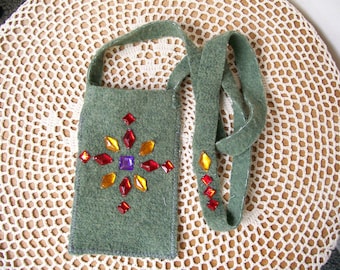Beaded CELLPHONE POUCH Olive Green Fleece Colorful Gems Sage India Cotton Pocket ell Bag Android Iphone Gadget - Ships free in US