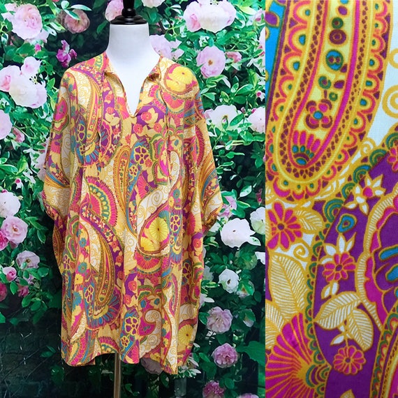 Vintage 60s Groovy Movie Star Brand Floral Kimono Sleeve Shirt