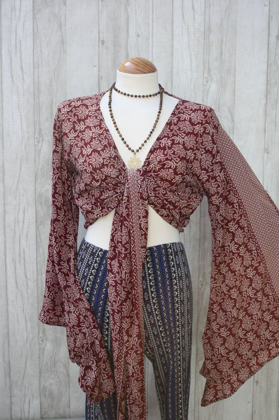FLORAL PAISLEY TOP - Bell sleeve crop top- Silk Crop Top- Vintage- Festival Top- Hippie- Retro- 70s- Crop Top- 100% Silk- Couture