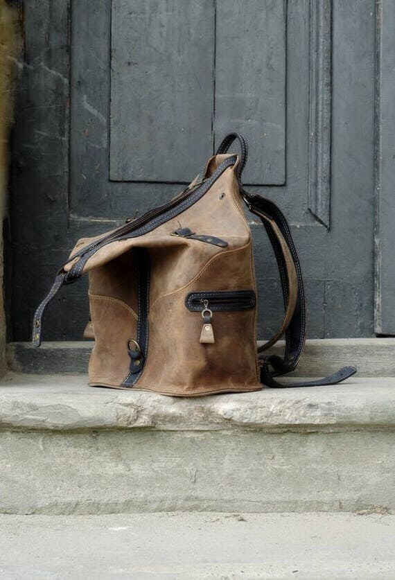 New leather handmade backpack / bag shoulder light brown and