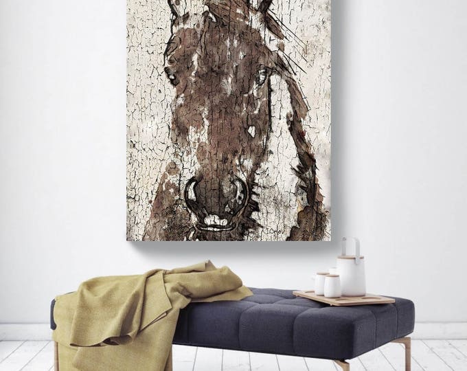 Shadow Horse. Extra Large Horse, Horse Wall Decor, Brown White Rustic Horse, Large Contemporary Canvas Art Print up to 72" by Irena Orlov
