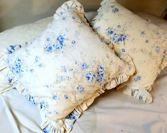 Shabby Chic PILLOWS ..Simply Shabby Chic by Rachel Ashwell White Linen w Blue flowers and button back Free ship Cont Usa ruffles 16 x 16"