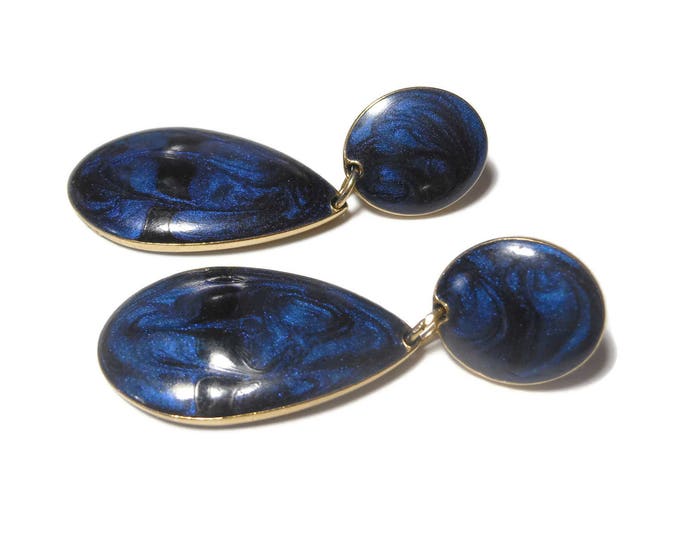 Edgar Berebi earrings 1980s, midnight blue black swirl studs, enamel gold frame, epoxy marbling pierced, teardrop dangling from button