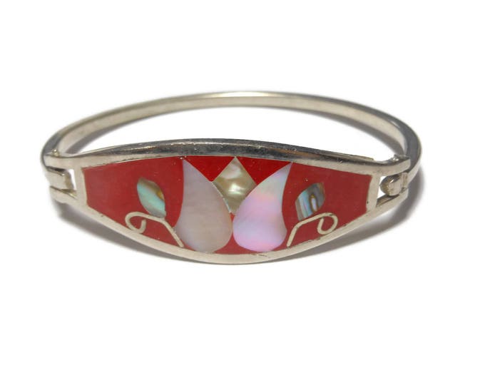 Alpaca Mexican hinged bracelet, red glitter enamel, mother of pearl (mop) & abalone shell insets, Alpaca silver, marked Mexico, vintage