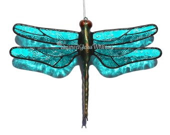 Stained Glass DRAGONFLY Suncatcher, Moonlight Turquoise, Textured Pressed Glass, USA Handmade, Turquoise Dragonfly, Turquoise Firefly