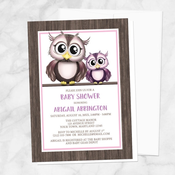 Owl Baby Shower Invitations Girl - Pink and Purple with Rustic Brown Wood - Adorable Cute Animal Owls - Printed Owl Invitations Il_570xn