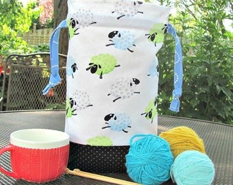 Large Knitting Bag, Project Bag, Drawstring Crochet Bag, Knitter's Gift Tote Bag - Bouncing Sheep Baby Shower Gift or Shawl Knitting Bag