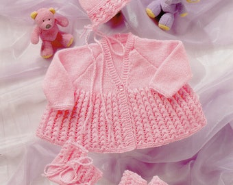 Baby Knitting Patterns ref:04 Matinee Coat Bonnet and Shoes