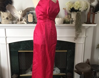 50s Hot Pink Satin Bombshell Evening Dress