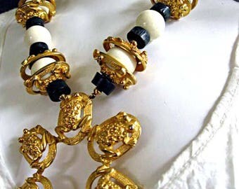 Gold Frogs Necklace, Huge Castlecliff Open Medallion Design, Black White Ball Bead Links Chain, Leaping Frogs Pendant Circle