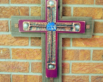 mixed media cross, mission cross, recycled cross, copper cross