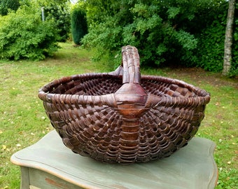 Stunning Large Antique French Unique Dark Handcrafted Rustic Willow / Reed Gathering Basket-Beautiful Basket for Flowers,Legumes,Fruits etc