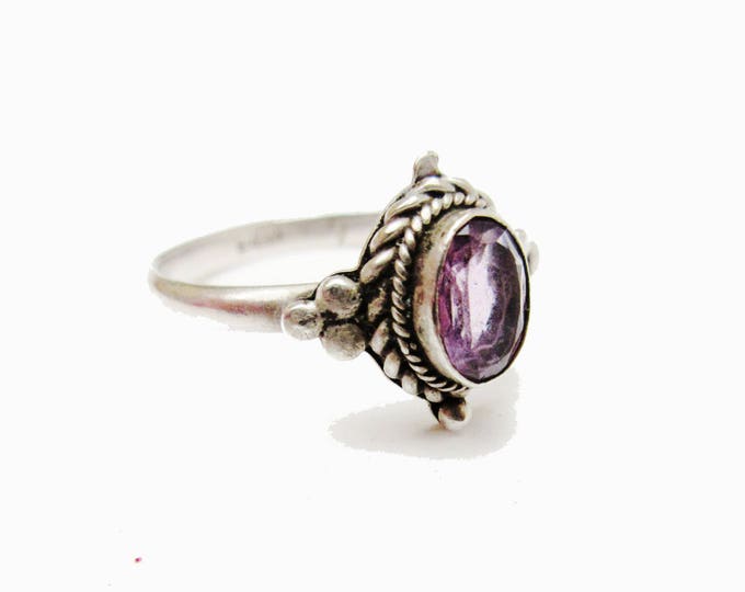 Sterling Amethyst Ring - Purple Gemstone Beveled twisted silver Setting - size 7