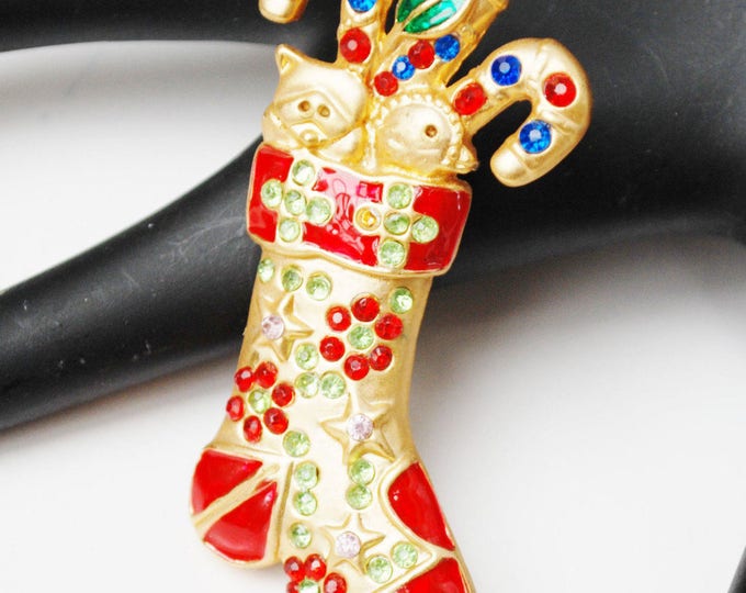 Christmas Stocking Brooch - gold Red enamel - rhinestone Holiday pin