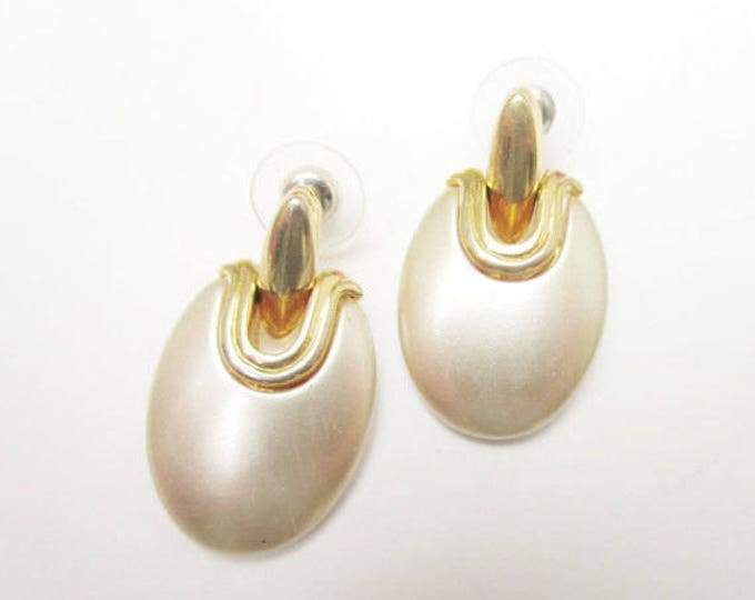 Napier earrings - Gold Pearl white dangle - Door Knocker - articulate pierced earrings