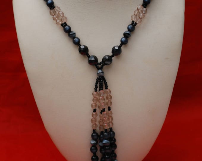 Hobe Lucite Bead Necklace - Tassel - black marble glass - clear Plactic beads- Art Deco style
