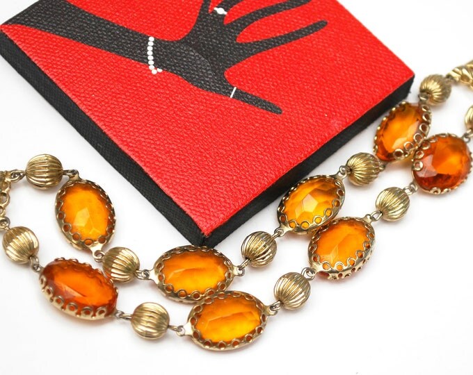 Orange Glass Stone link bracelet - Pegasus Coro Signed - Amber yellow crystal Gold metal - mid century Bangle